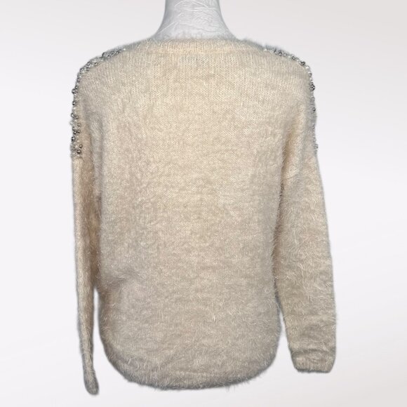Pearl Beaded Fuzzy Sweater Y2K Soft Knit Glam Pullover Top Small - Picture 5 of 9